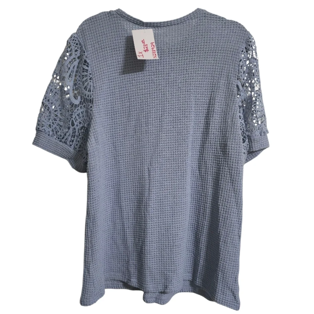 Women's Blue Knit Lace Sleeve Top Plus Size NWT - Picture 4 of 7